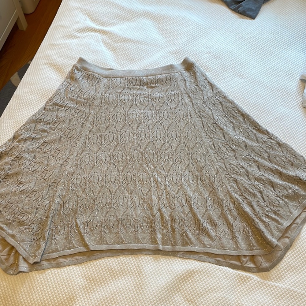 Adrienne Vittadini sparky silver sweater skirt with slight handkerchief hem.